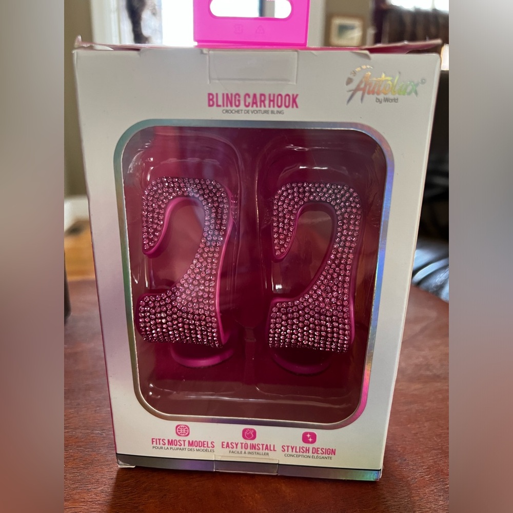 Pink Bling Car Seat Hooks 2 Pack Bling Rhinestones Crystal Hanger Organizer NIB